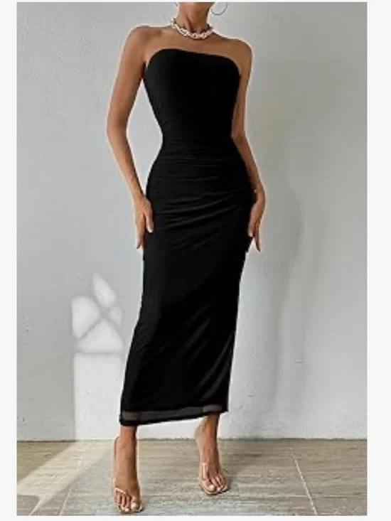Strapless Black Bodycon Midi Dress - Sleek Evening Wear - Picture 1 of 9